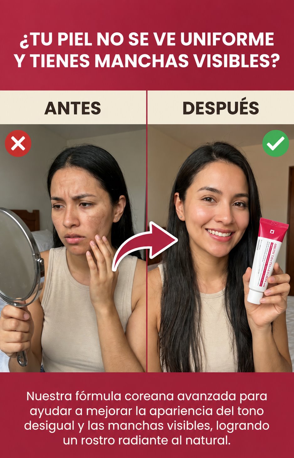 Antes y después: piel con manchas y tono desigual, y piel más uniforme y luminosa