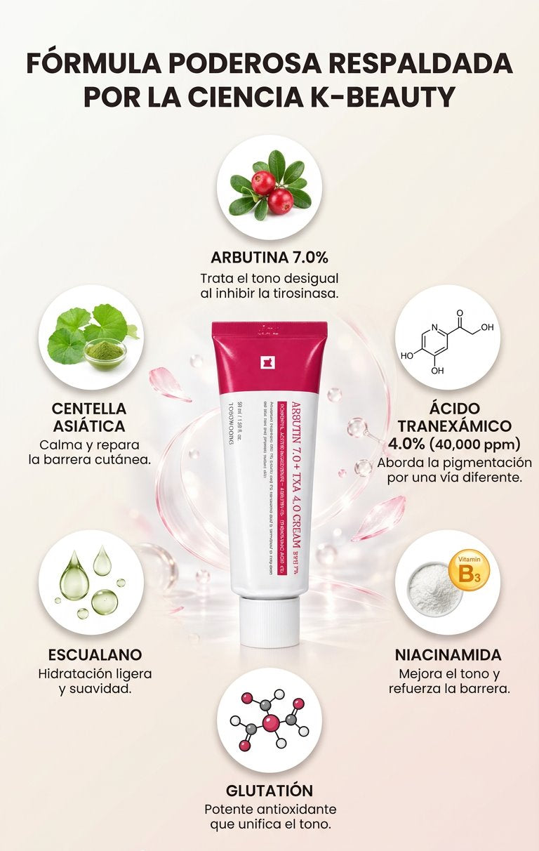 Arbutina 7%, ácido tranexámico 4%, niacinamida, glutatión, centella asiática y escualano