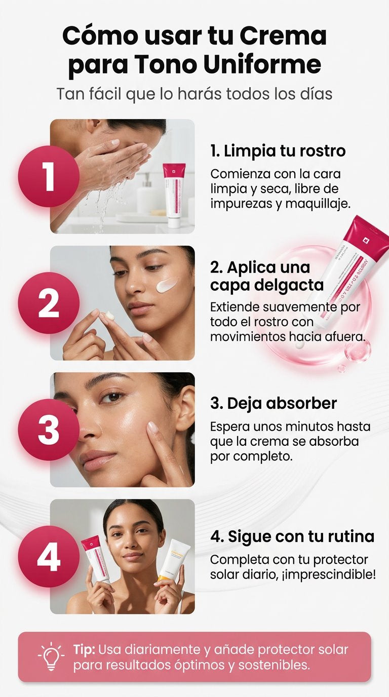 Cómo usar tu crema: limpia, aplica una capa delgada, deja absorber y sigue con protector solar