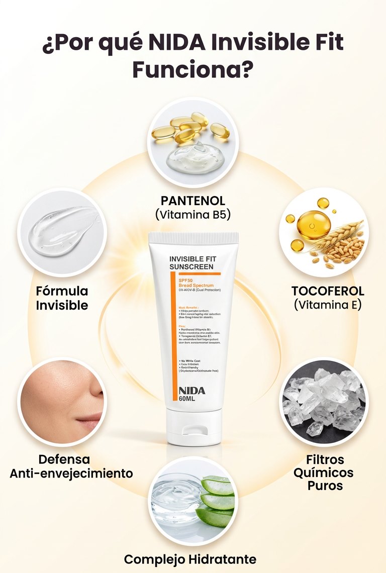 Pantenol, tocoferol, filtros químicos y complejo hidratante de NIDA Invisible Fit