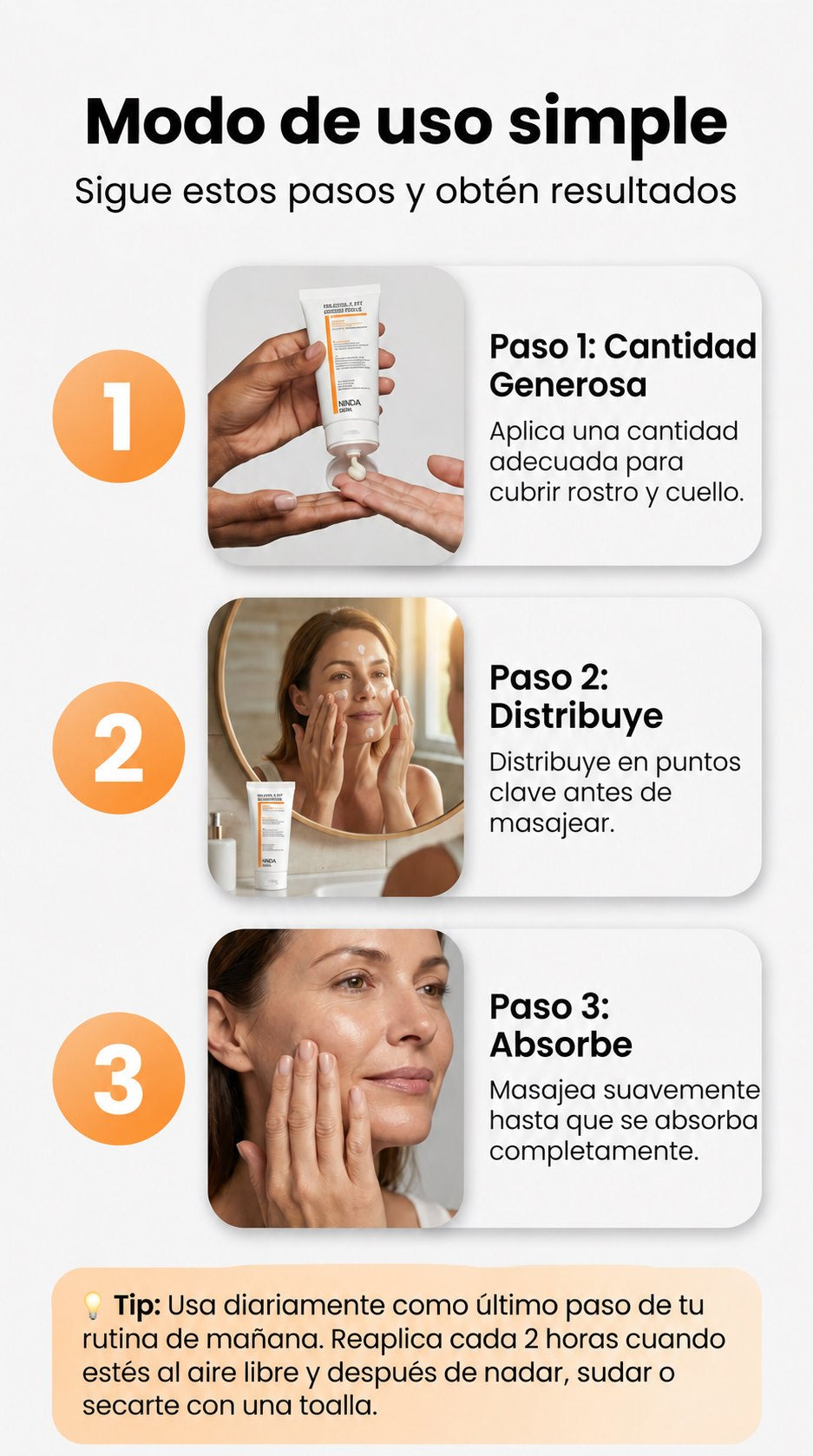Modo de uso: cantidad generosa, distribuye y masajea hasta que se absorba